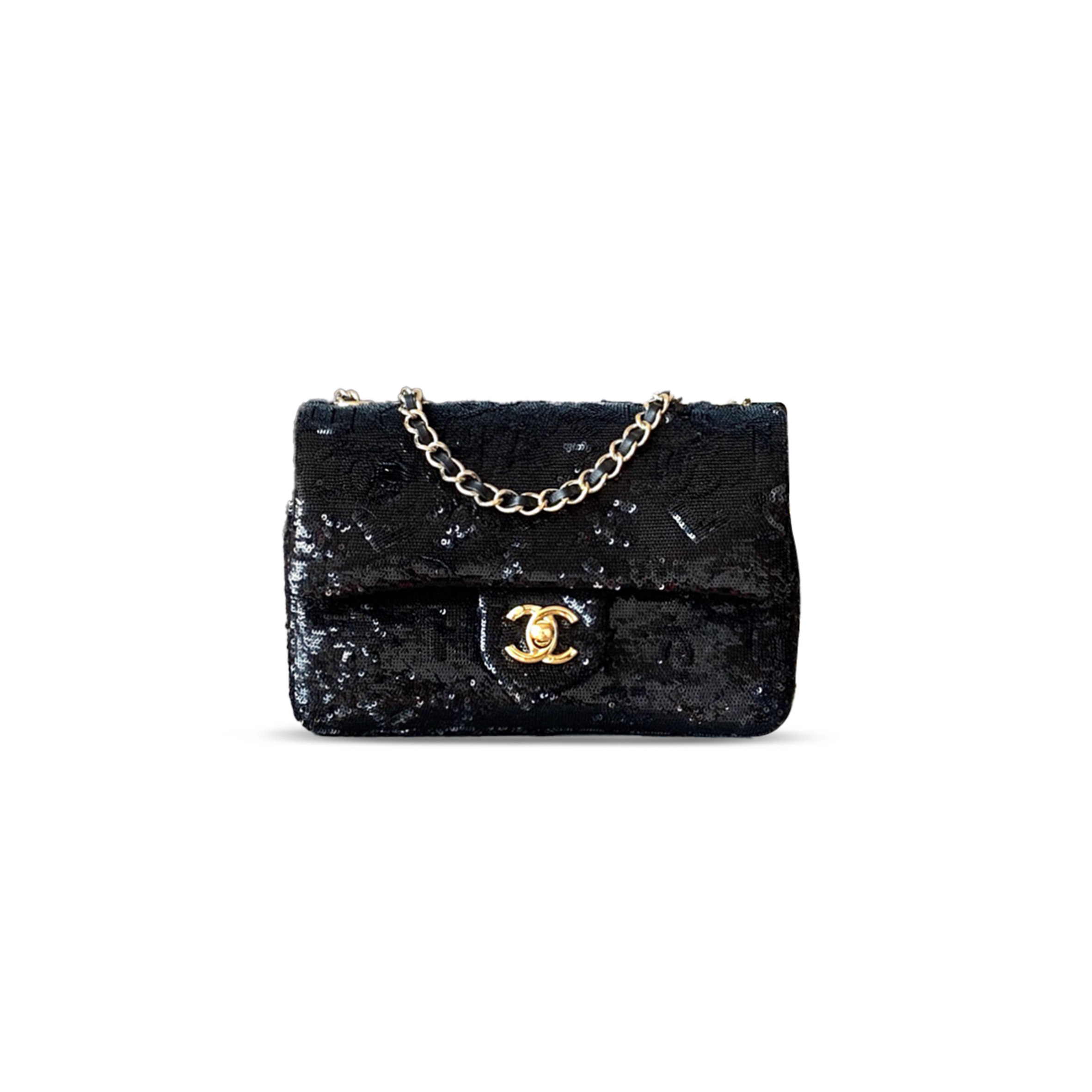 Ch*el flap bag sequins & gold metal & black as4561 (21*14*8cm)